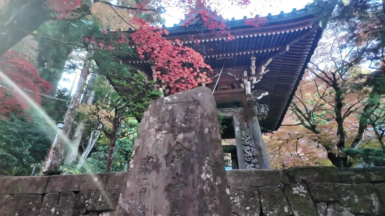 鐘楼と紅葉。画面左上から斜めに光の筋が伸びている